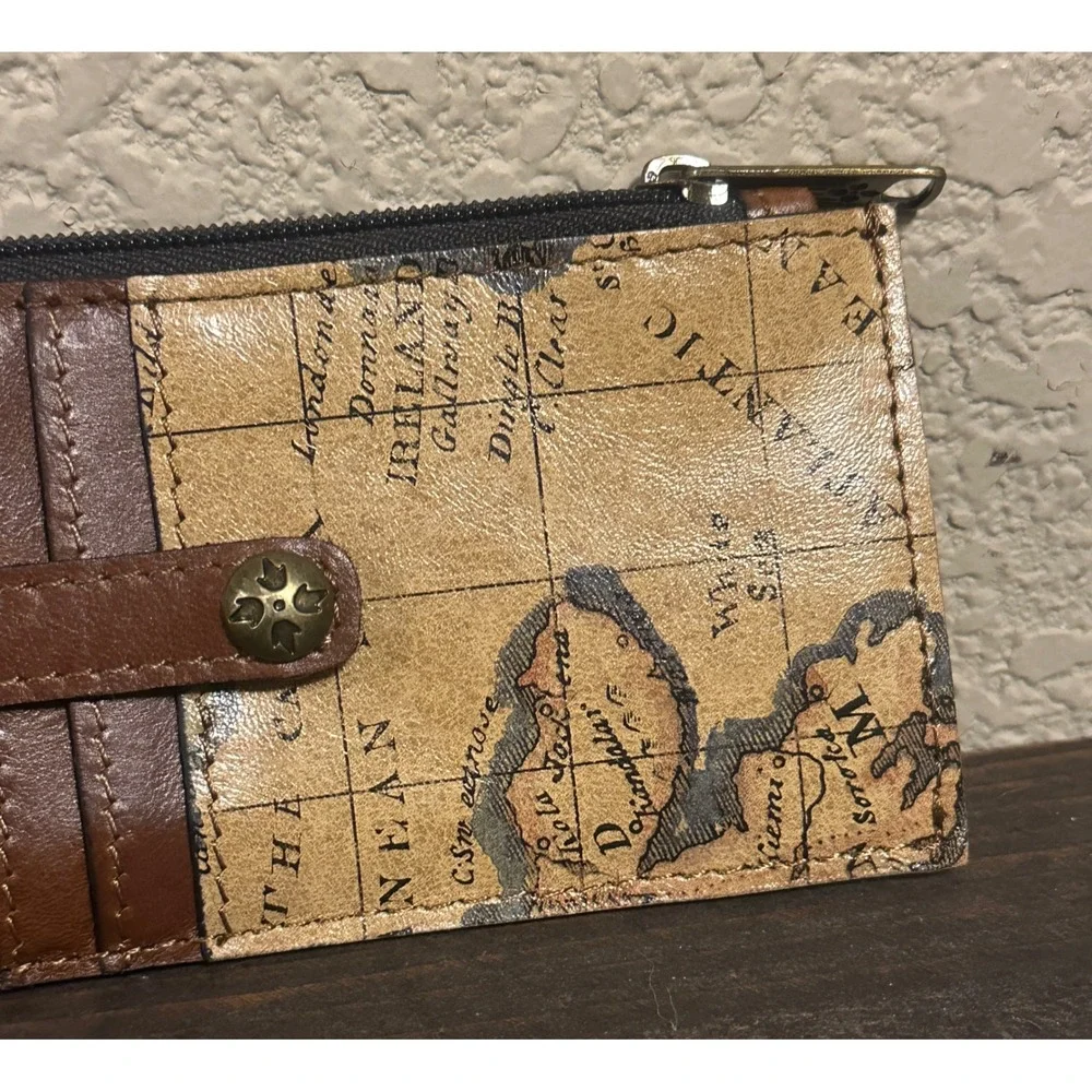 Patricia Nash Vintage Map Leather RFID Card Case Wristlet Wallet Brown Tan